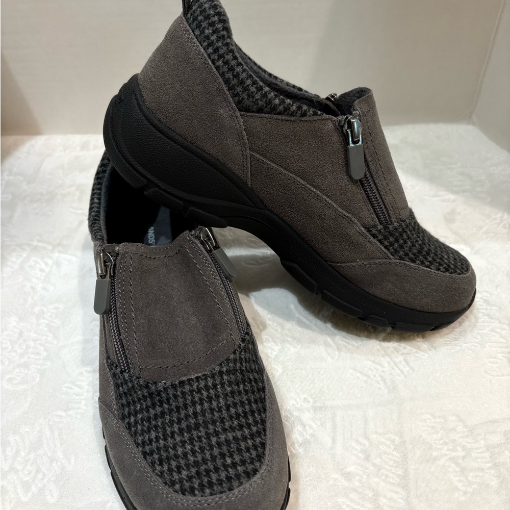 Women’s gray suede and houndstooth all-weather dbl zip MOC shoe
